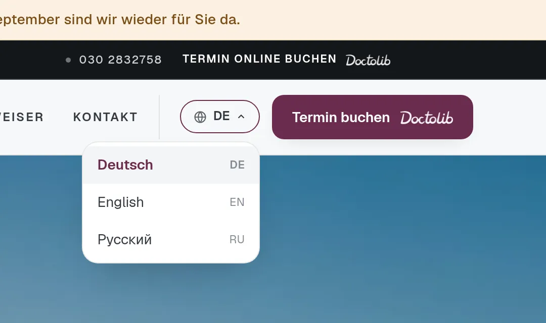 Das Sprachmenü der Website mit Deutsch, Englisch und Russisch