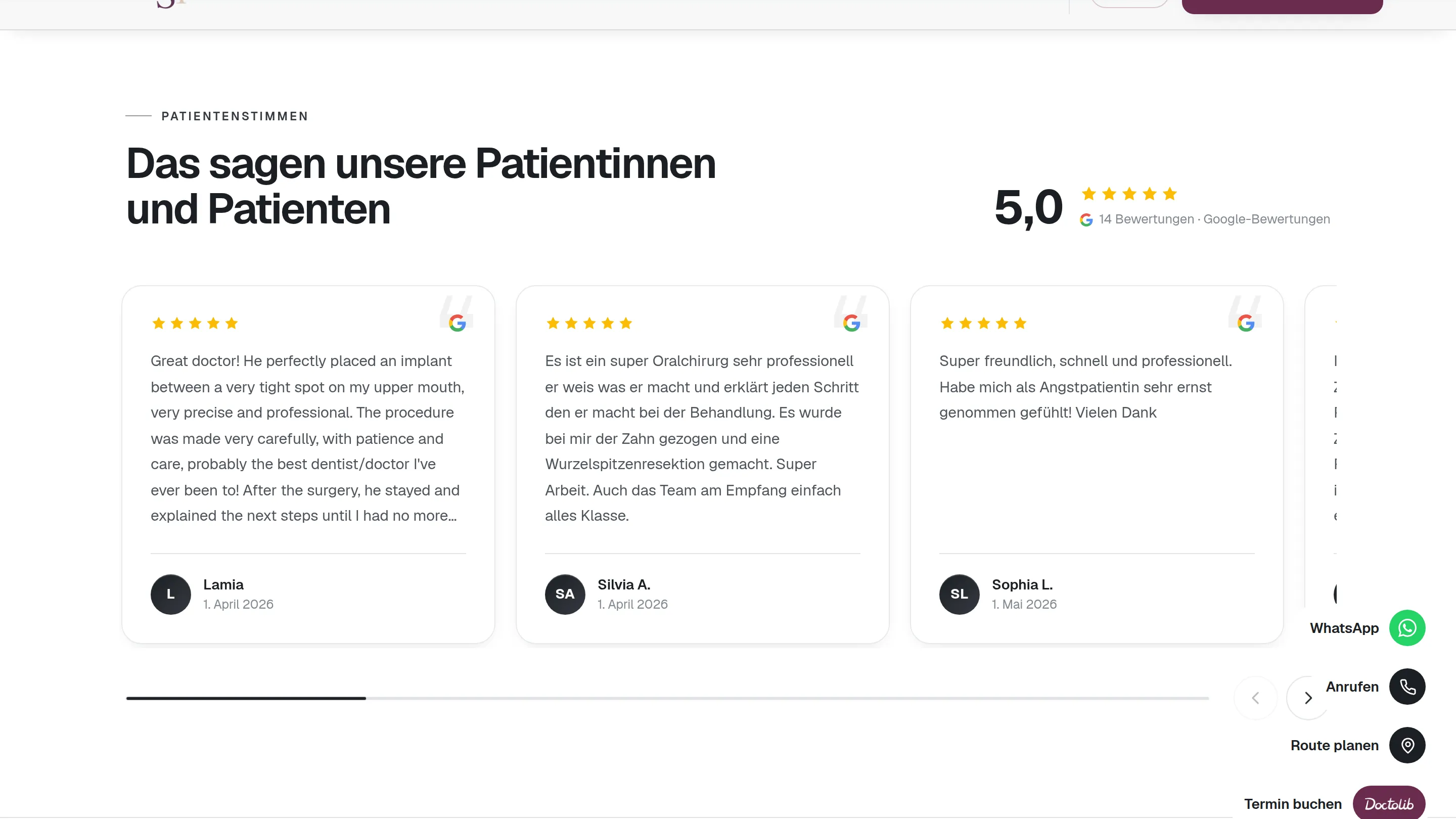 Der neue Bereich mit Patientenstimmen und Google-Bewertungen